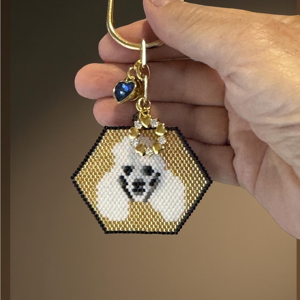 Hand Crafted Beaded White Poodle Face Gold Color Keychain with Charms - Picture 3 of 9